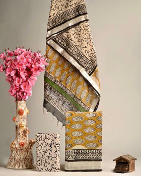Turmeric Yellow & Cream Hand Block Printed Linen Suit Dress Material