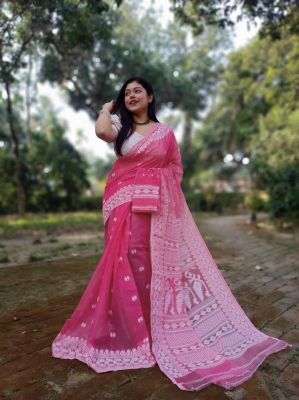 Dark Pink Pure Handloom Dhakai Jamdani Saree From Bengal