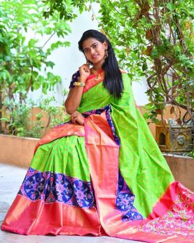Pista Green Pink Flower Design Digital Print Cotton Saree