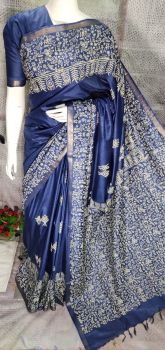 Cloud Burst Katan Silk Hand Block Print Saree From Bihar