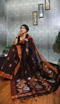Brown Linen Cotton Handloom Saree From Bengal