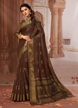 Brown Woven Design Chanderi Cotton Saree Festive Wear