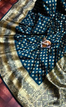 Dark Blue Banarasi Silk Antique Gold Zari Saree From Banaras