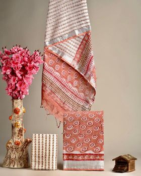 Peach & White Hand Block Printed Linen Suit Dress Material