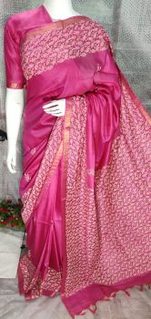 Deep Rose Katan Silk Hand Block Print Saree From Bihar