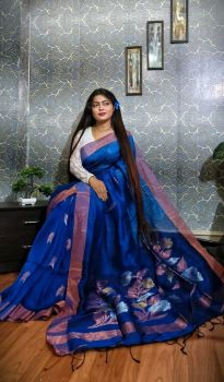 Royal Blue Linen Cotton Handloom Saree From Bengal