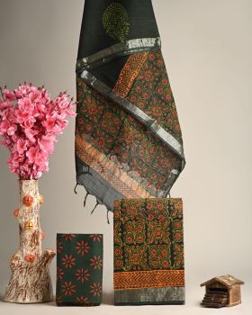Dark Green Hand Block Printed Linen Suit Dress Material