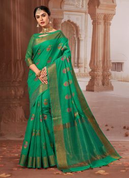 Sea Green Weaving Chanderi Cotton Saree Festive Wear