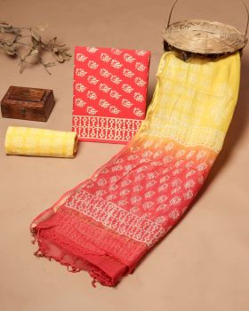 Yellow Red Doria Dupatta Cotton Flower Design suit