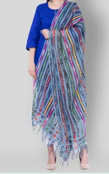 Grey Multicolor Cotton Mirror Work Dupatta From Banaras