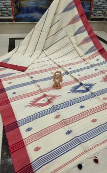 Off White Temple Design Pure Handloom Cotton Saree