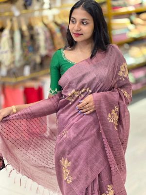 Rose Pink Pure Handloom Baswada Silk Saree From Bihar