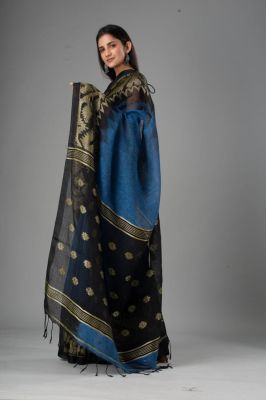 Teal Black Pure Handloom Linen By Linen Saree From Bengal