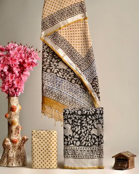 Light Yellow & Black Hand Block Printed Linen Suit Dress Materials