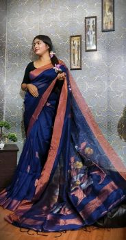 Blue Linen Cotton Handloom Saree From Bengal
