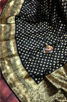 Black Banarasi Silk Antique Gold Zari Saree From Banaras
