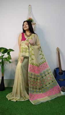 Tan Pure Handloom Dhakai Jamdani Saree From Bengal