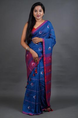 Blue Pure Handloom Cotton Saree From Bengal