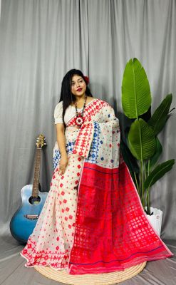 Red Pure Handloom Dhakai Jamdani Saree From Bengal