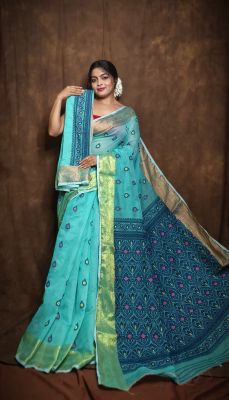 Aqua Blue Pure Handloom Dhakai Jamdani Saree From Bengal