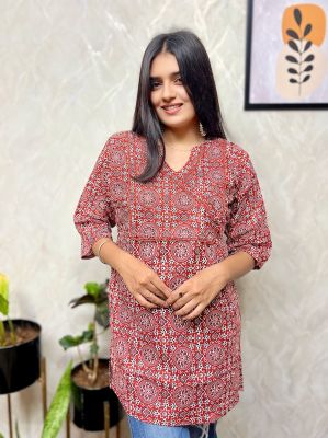 Red Maroon Pure Handloom Printed Kurti From Bengal