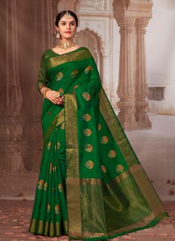 Dark Green Woven Chanderi Cotton Wedding Wear Saree