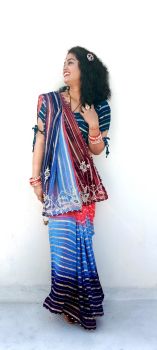 Blue Green Flower Design Hand Katdana Zari WivesWork Georgette Saree