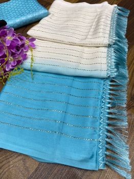 Blue Cream Motifs Sequence Work Georgette Silk Saree