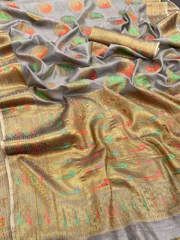 Grey Butta Cross Stitch Thread Work Georgette Silk Saree