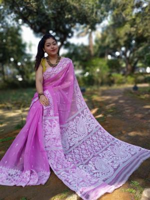 Lavender Pure Handloom Dhakai Jamdani Saree From Bengal