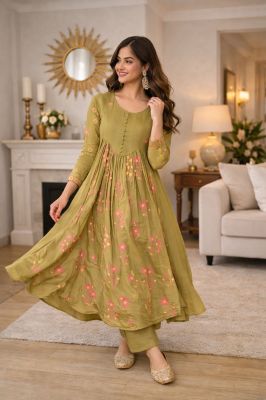 Green Kurti Malmal Chanderi With Embroidered Work