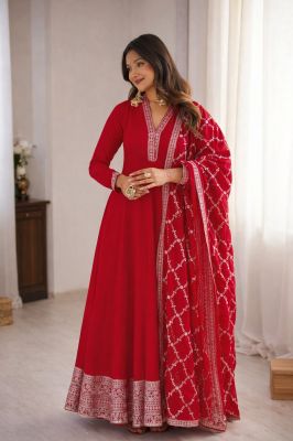 Red Heavy Pure Blooming Vichitra Silk Fabric With Full Kali Pattern Anarkali