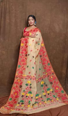 Light Brown Pure Handloom Dhakai Jamdani Saree From Bengal