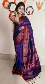 Dark Blue Pure Handloom Linen Cotton Saree From Bengal