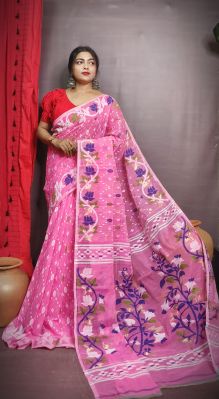 Pink Pure Handloom Dhakai Jamdani Saree From Bengal