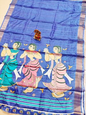 Navy Blue Pure Handloom Silk Saree From Bengal