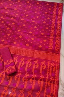 Red Pure Handloom Dhakai Jamdani Saree From Bengal