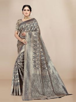 Grey & Gold-Toned Woven Design Zari Organza Saree