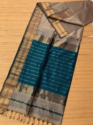Gray Teal Pure Handloom Maheshwari Silk Cotton Saree From Bengal