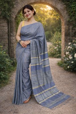 Women's Wear Gray Bapta Soft Silk Saree From Bengal