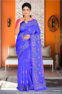 Royal Blue Handloom Kantha Stitch Saree From Bengal