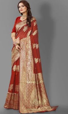 Brick Red Pure Handloom Silk Saree From Banaras