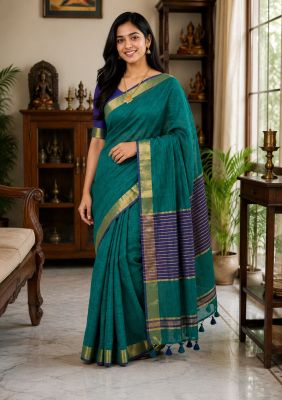 Teal Green Pure Handloom Cotton Saree From Bengal