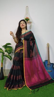 Black Pure Handloom Silk Cotton Saree From Bengal
