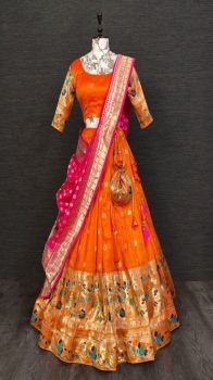 Orange Lehenga With All-Over Weaving Work