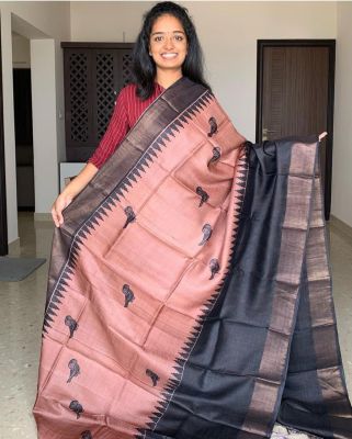 Coral Pink Pure Handloom Tussar Silk Saree From Bengal