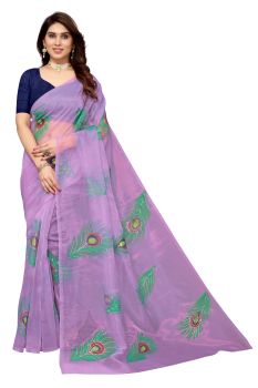 Purple Organza Hand Painted Floral Pattern Sari With Attached Satin Blouse.