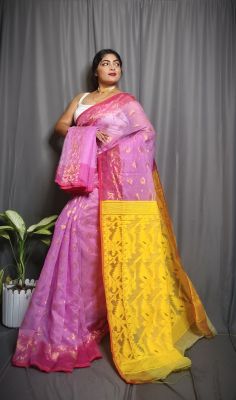 Magenta Pink Pure Handloom Dhakai Jamdani Saree From Bengal