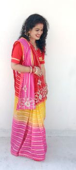Pink Red Yellow Flower Design Hand Katdana Zari WivesWork Georgette Saree