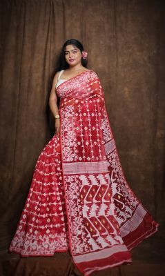 Red Pure Handloom Dhakai Jamdani Saree From Bengal